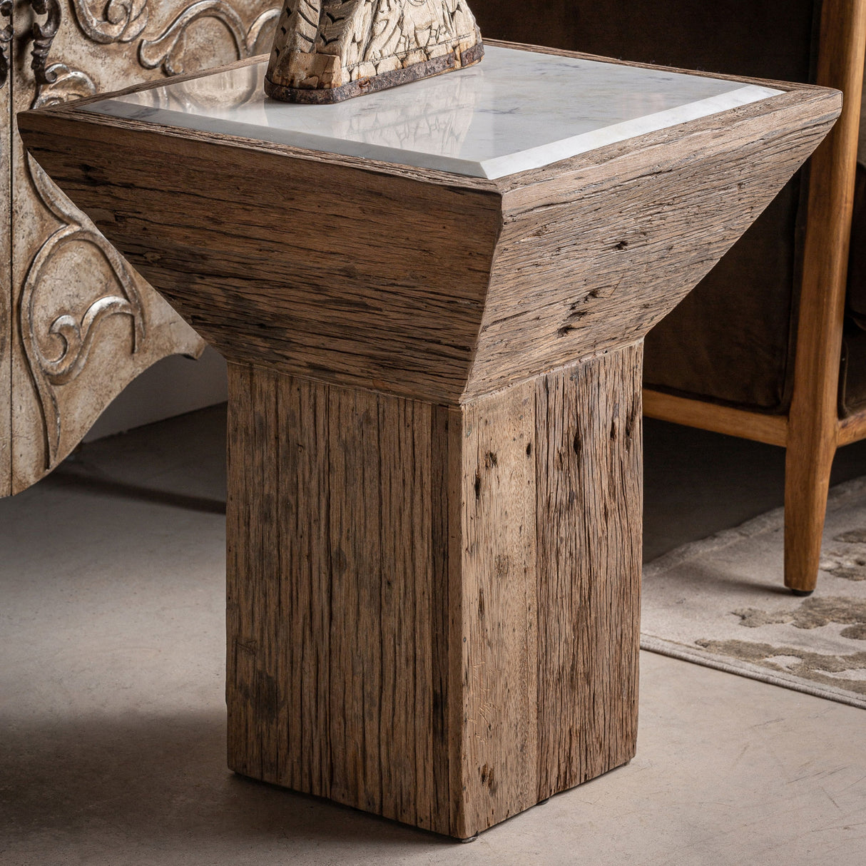 Modern European furniture - Rustic Pine Marble Side Table - www.oroa.com | Oroa.com