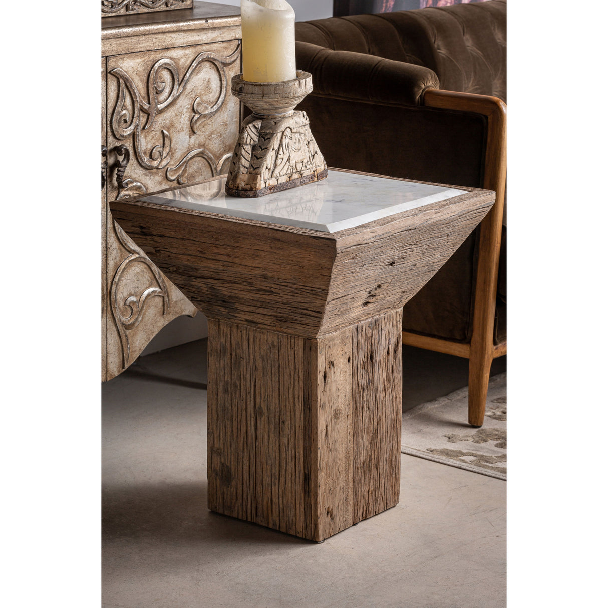 Modern European furniture - Rustic Pine Marble Side Table - www.oroa.com | Oroa.com
