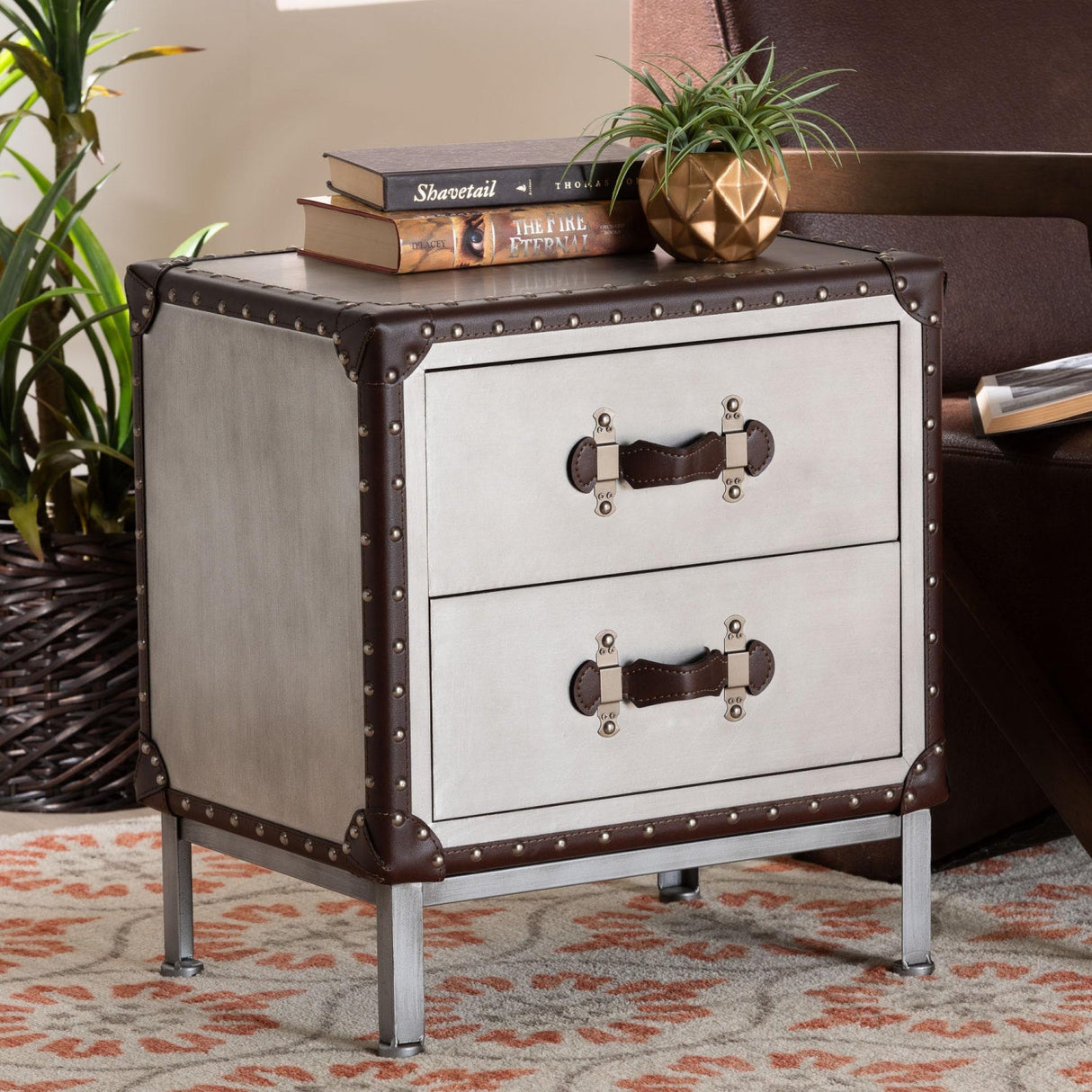 Modern European furniture - 2 Drawer Silver Vintage End Table - www.oroa.com | Oroa.com