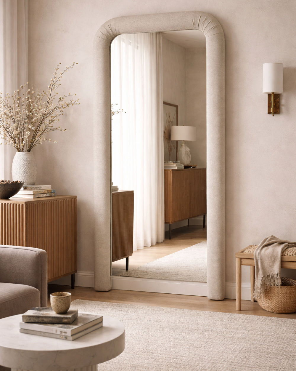 Modern European furniture - Ruched Upholstered Floor Mirror - www.oroa.com | Oroa.com