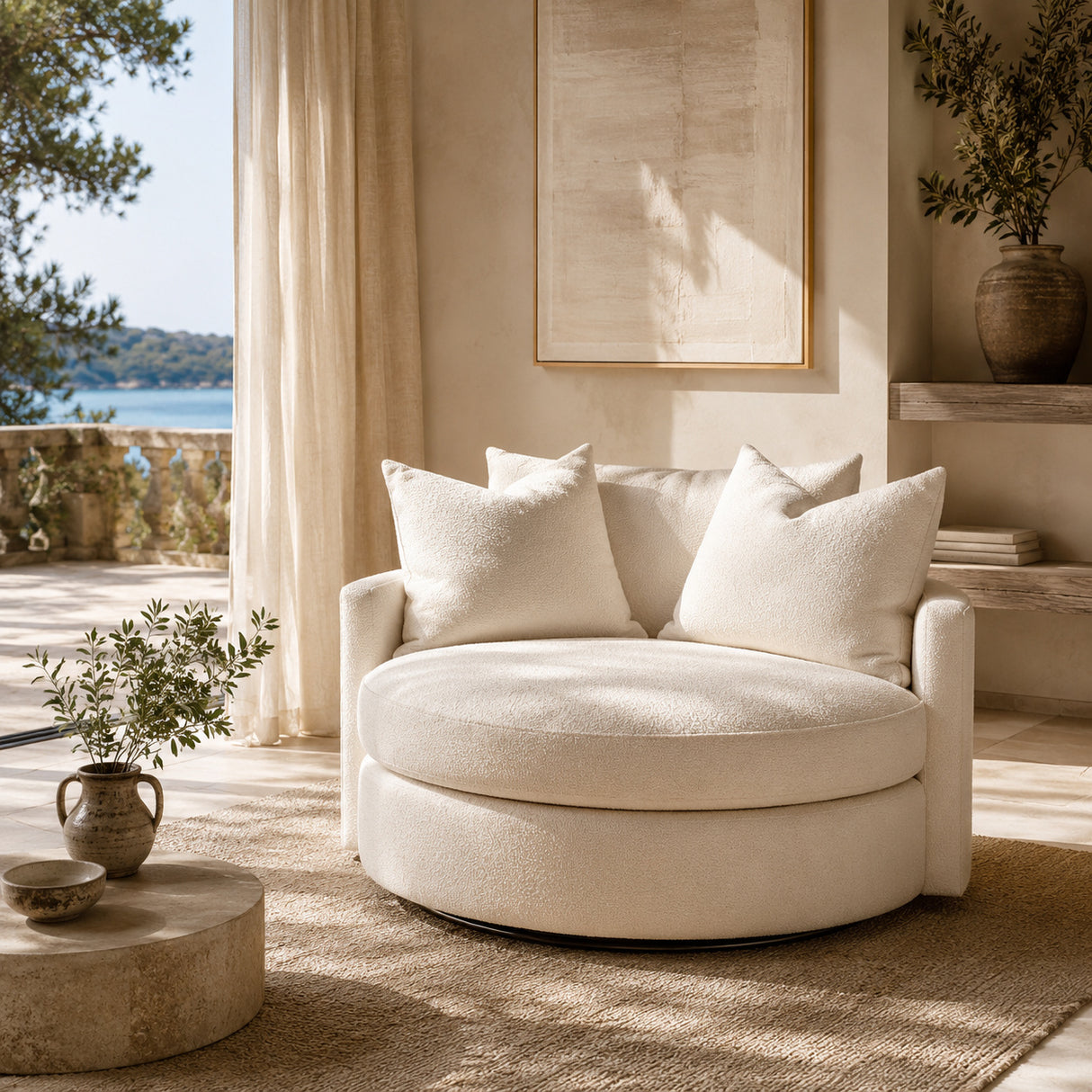 Modern European furniture - White Boucle Round Swivel Chair - www.oroa.com | Oroa.com