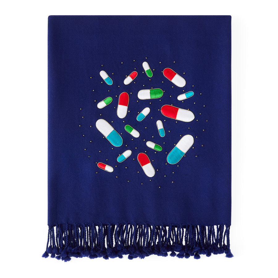 Emroidered Blue Wool Throw | Oroa.com