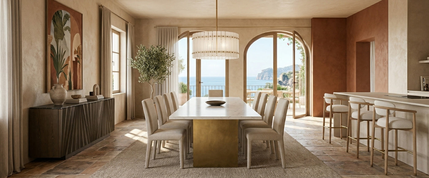   Contemporary dining room by OROA with a statement table, designer chairs, striking chandelier, and elevated decor in a luxury interior. | Oroa.com