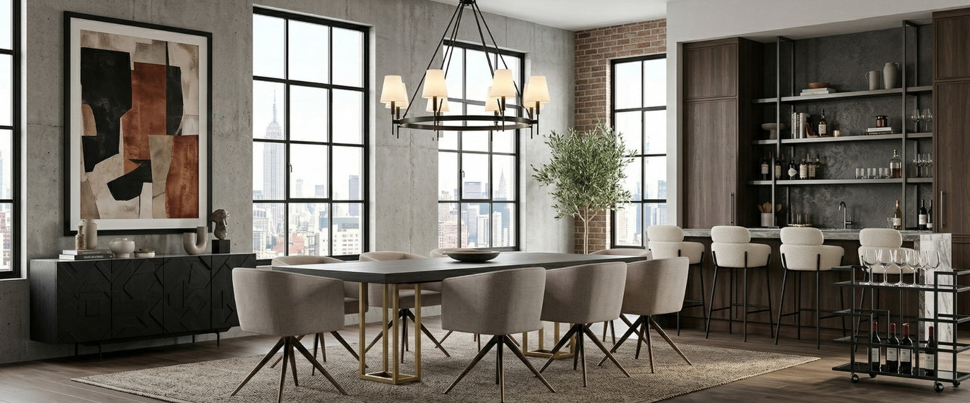 Shop industrial modern dining at OROA, where bold silhouettes, statement seating, and city-view styling define the space. | Oroa.com