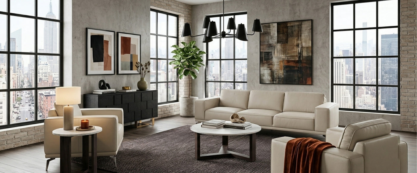   Industrial modern living room with a beige sofa, armchair, and coffee table set against expansive city views, available now at OROA. | Oroa.com
