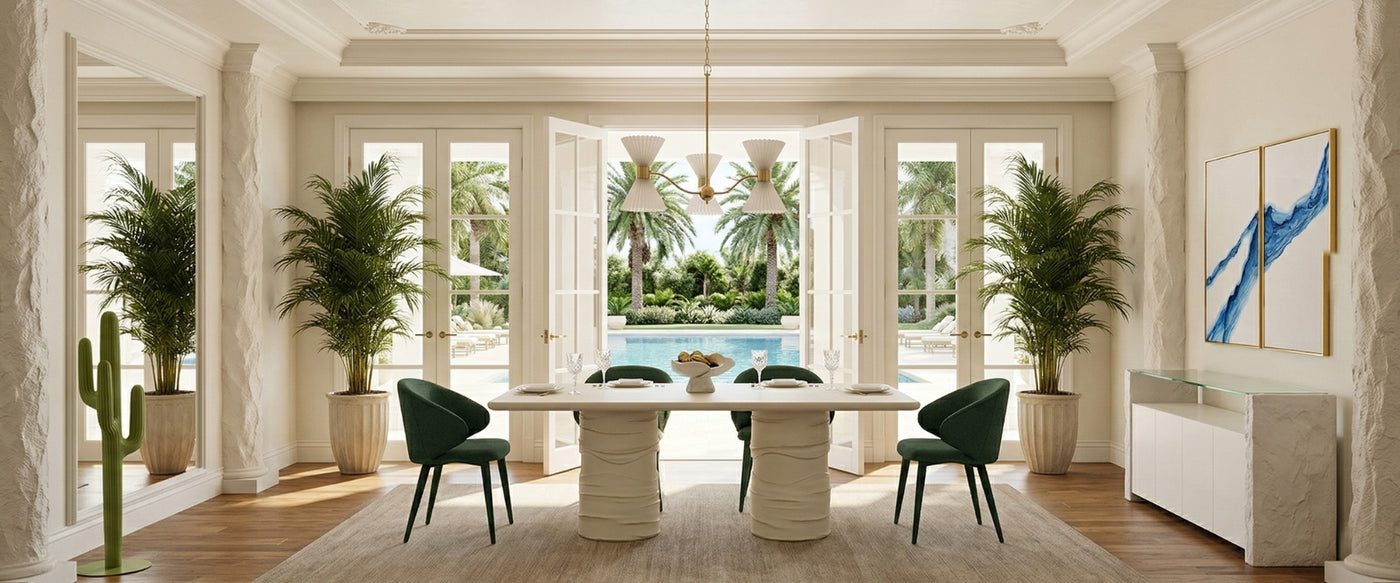   A statement table, dramatic silhouettes, and polished materials bring Miami Art Deco style to this dining room by OROA. | Oroa.com