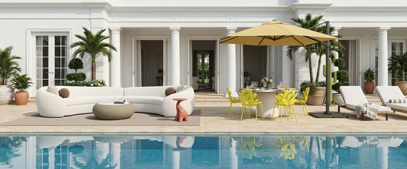 Poolside living takes on a Miami Art Deco mood in this OROA outdoor space with striped seating and sculptural forms. | Oroa.com