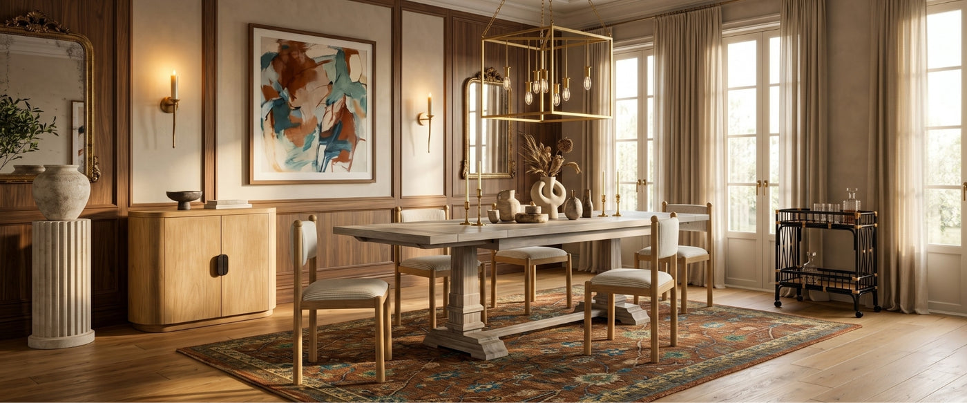 Past Meets Present dining room showcasing OROA furnishings with classic and modern influences. | Oroa.com