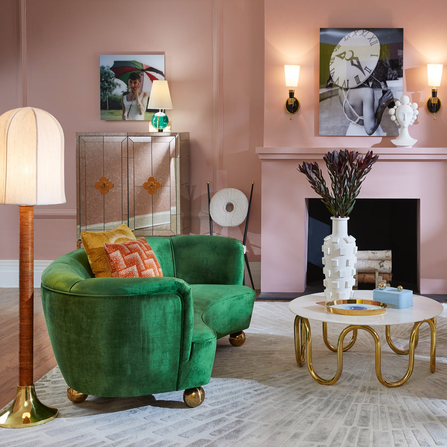  Brass Orb Feet Curved Sofa | Oroa.com