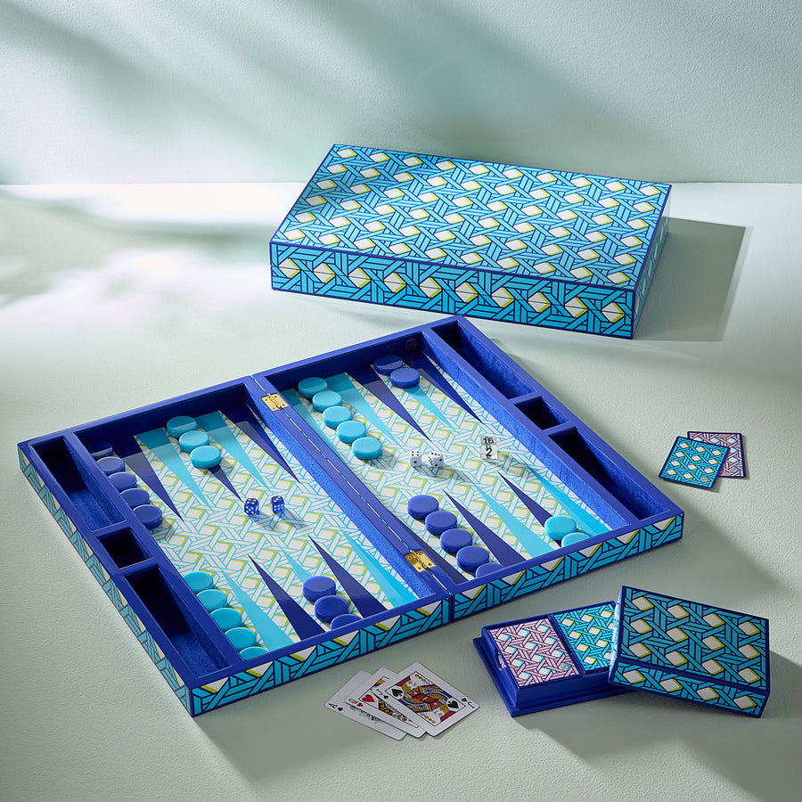 Blue Lacquere Backgammon Set | Jonathan Adler Basketweave | Oroa.com