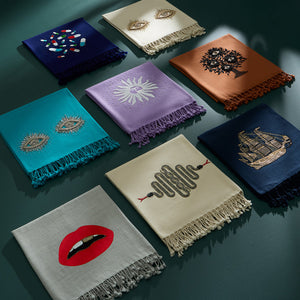   Emroidered Blue Wool Throw | Oroa.com