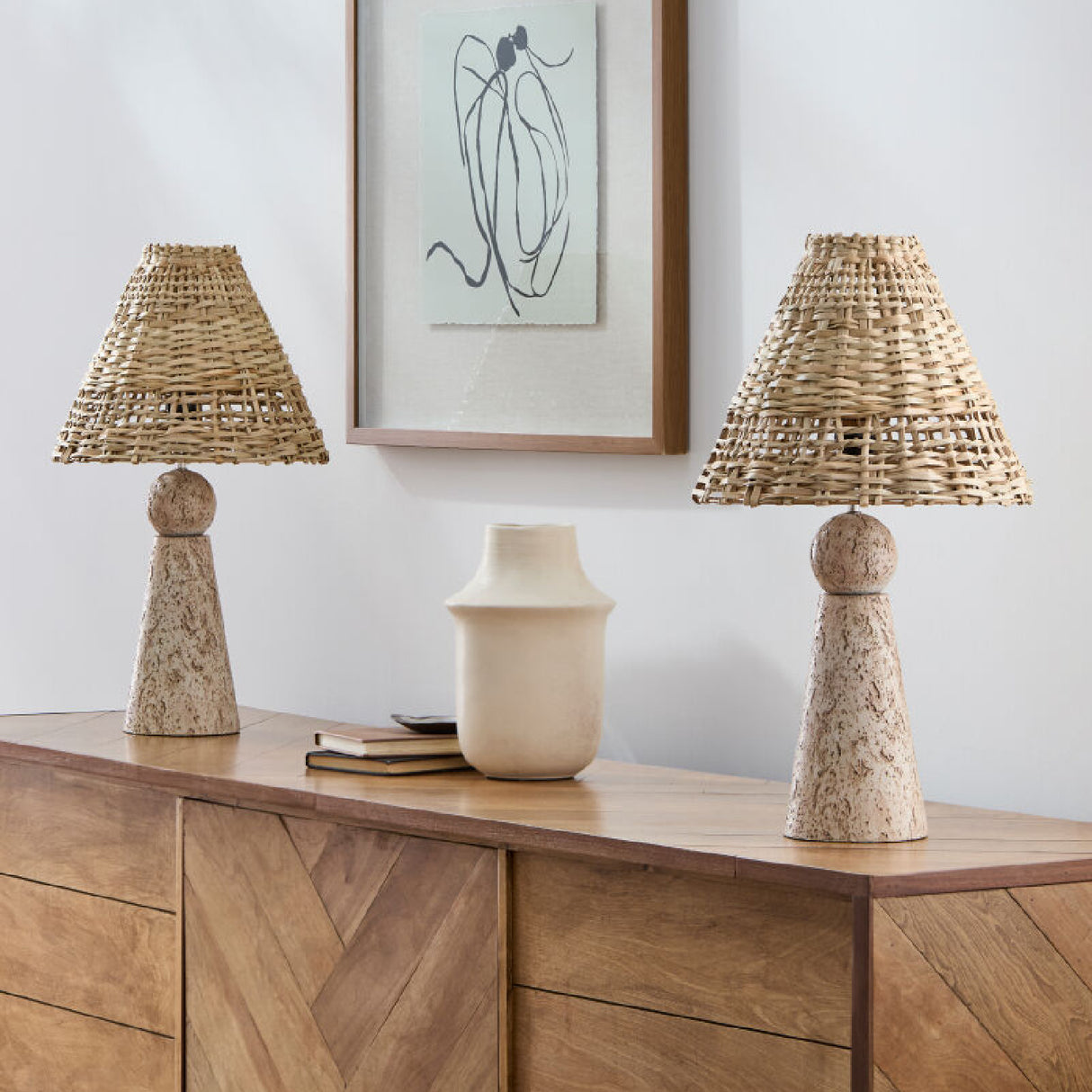  Modern European furniture - Travertine Base Rattan Table Lamps (2) - www.oroa.com | Oroa.com