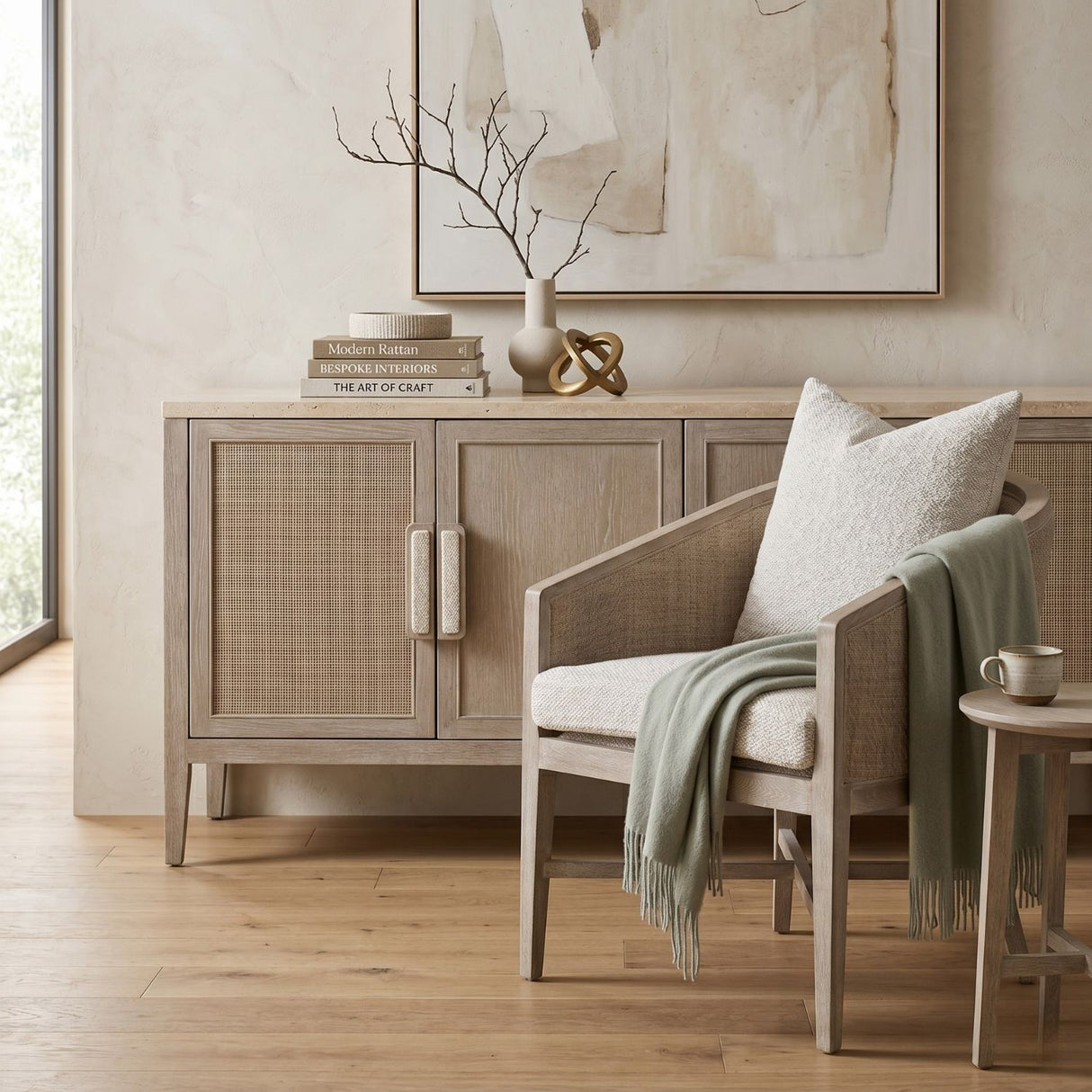   Curved Oak Linen Lounge Chair | Oroa.com