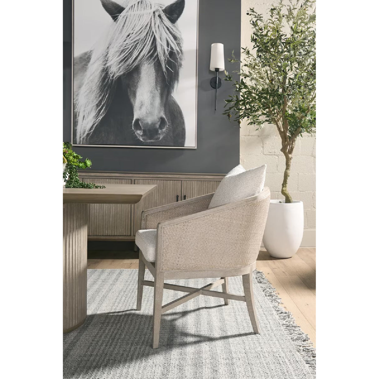   Curved Oak Linen Lounge Chair | Oroa.com
