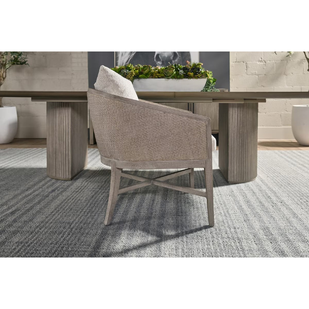   Curved Oak Linen Lounge Chair | Oroa.com