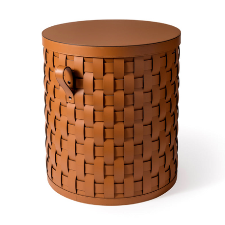   Lidded Woven Leather Short Basket | Oroa.com