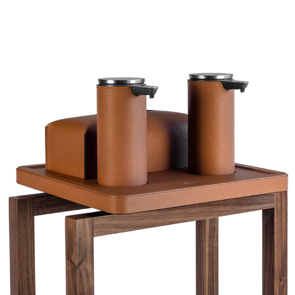   Walnut Framed Leather Sanitizing Stand | Oroa.com