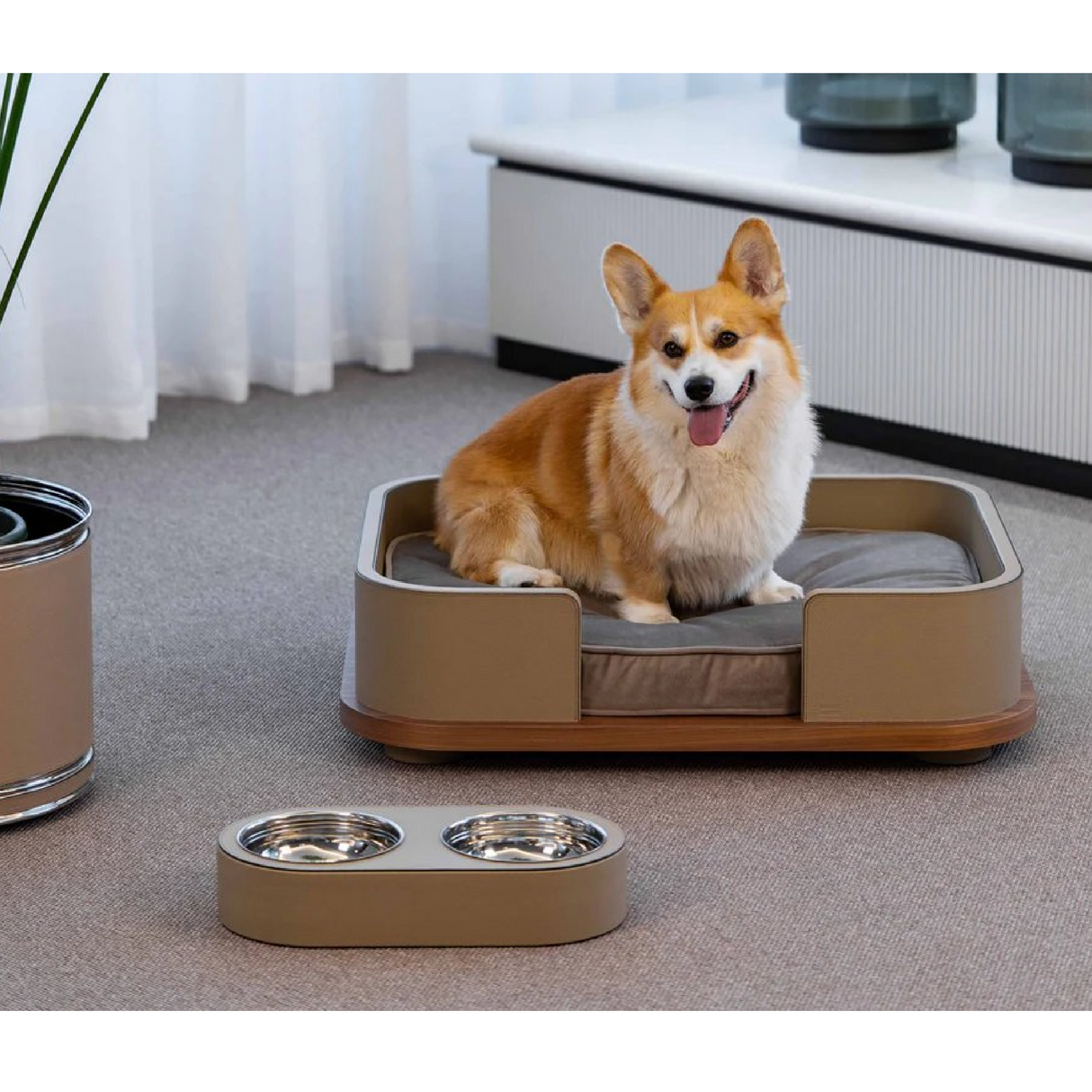   Taupe Leather Cushioned Pet Bed | Oroa.com