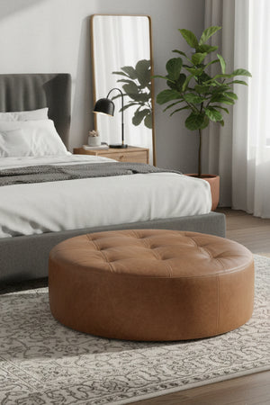   Modern European furniture - Brown Leather Round Ottoman - www.oroa.com | Oroa.com