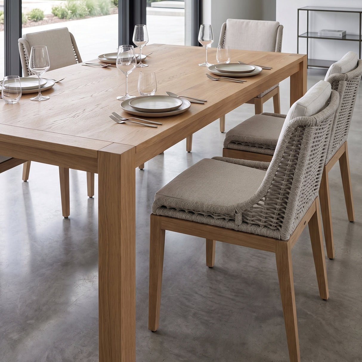   Contemporary Indoor/Outdoor Teak & Woven Dining Chair | Oroa.com