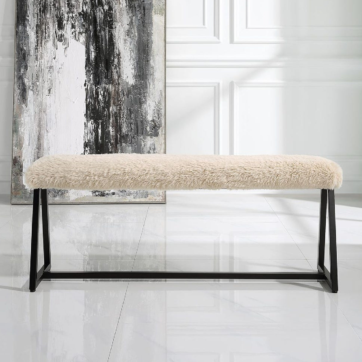   Modern European furniture - Beige Long-Haired Sheepskin Bench - www.oroa.com | Oroa.com