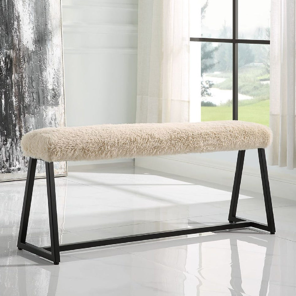   Modern European furniture - Beige Long-Haired Sheepskin Bench - www.oroa.com | Oroa.com