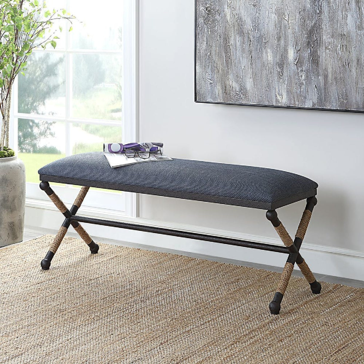   Modern European furniture - Blue Cotton Blend Bench - www.oroa.com | Oroa.com