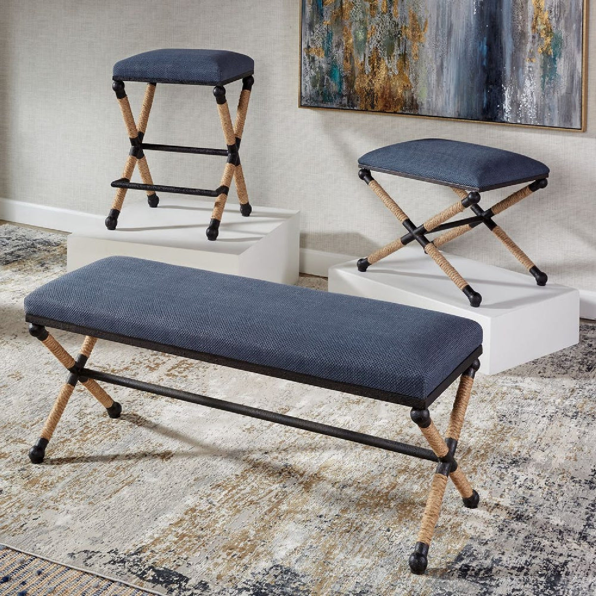   Modern European furniture - Blue Cotton Blend Bench - www.oroa.com | Oroa.com