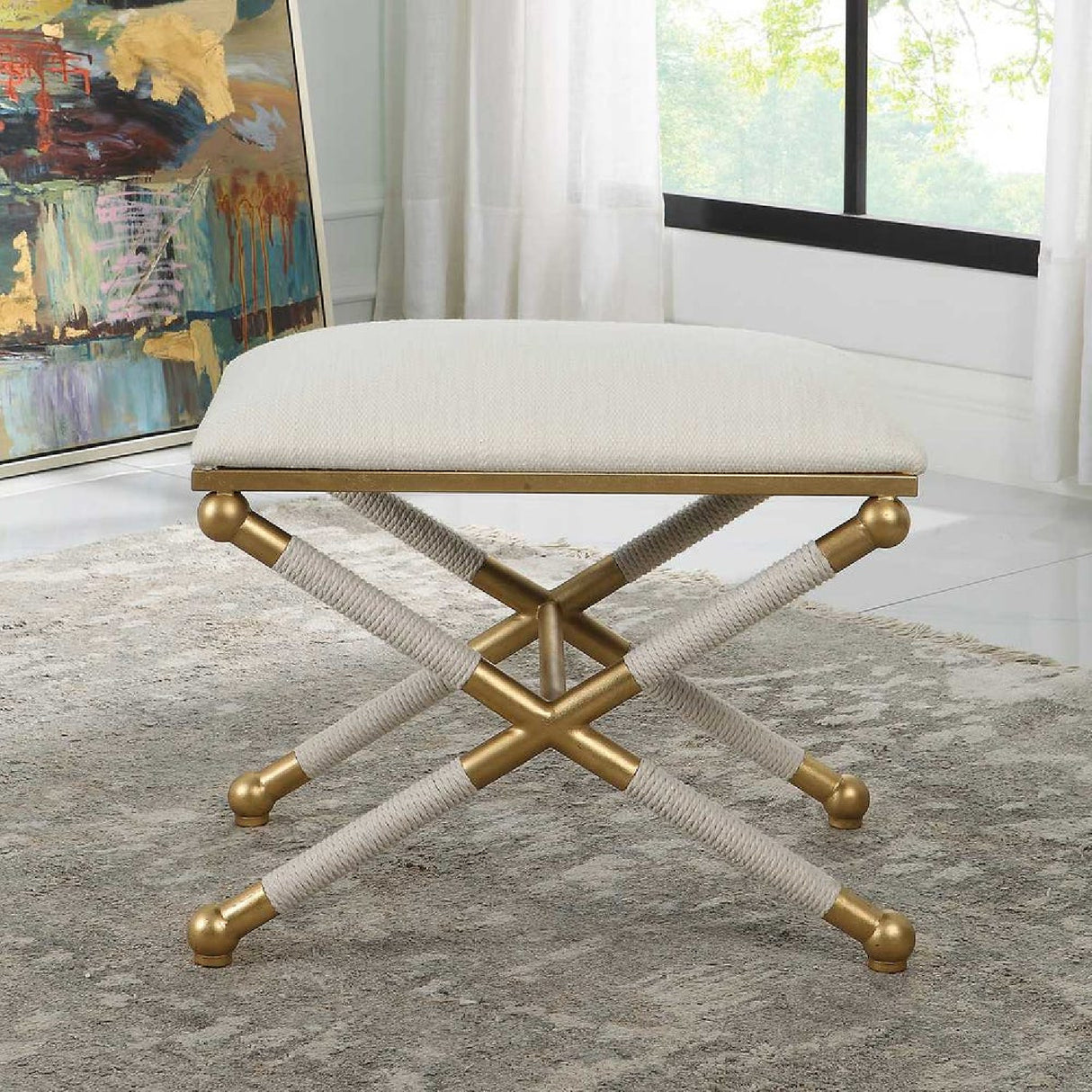   Modern European furniture - Gold Framed White Bench S - www.oroa.com | Oroa.com