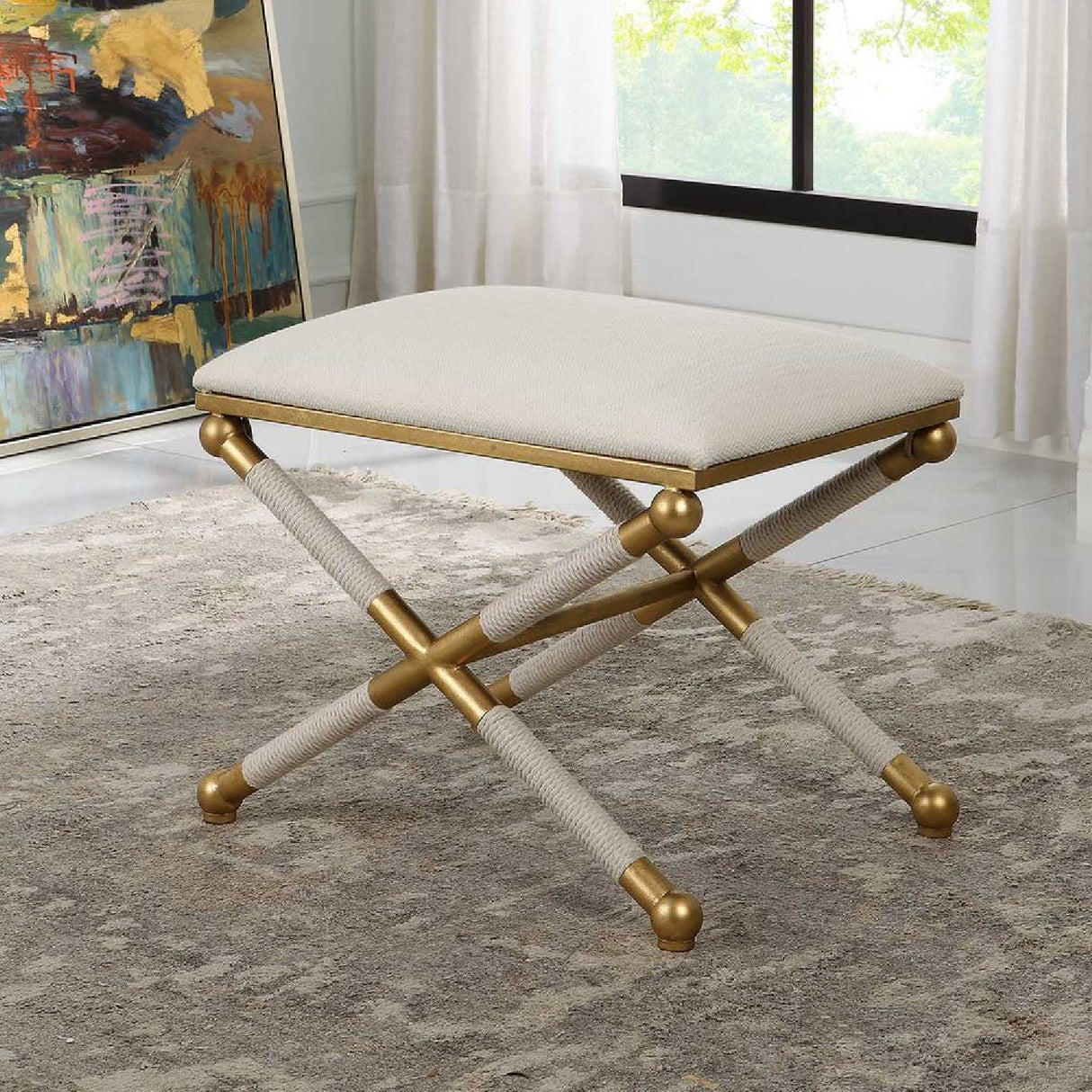  Modern European furniture - Gold Framed White Bench S - www.oroa.com | Oroa.com