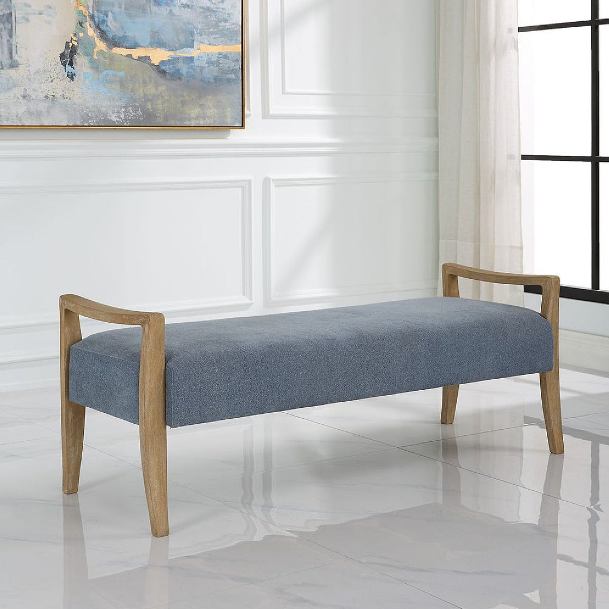   Modern European furniture - Wood Framed Blue Fabric Bench - www.oroa.com | Oroa.com