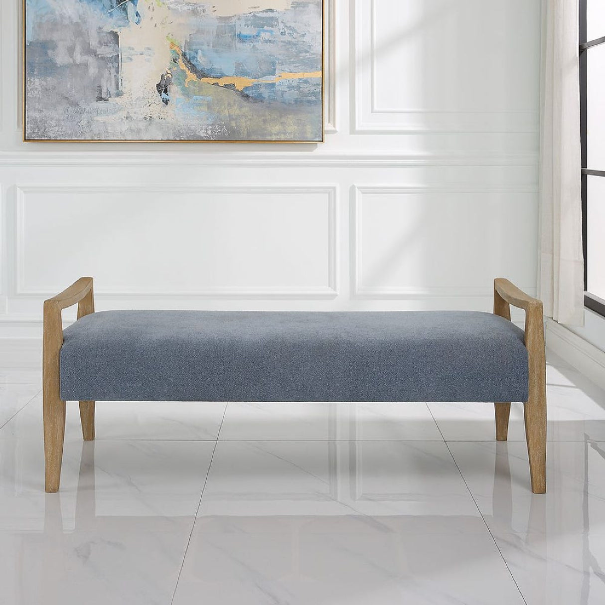   Modern European furniture - Wood Framed Blue Fabric Bench - www.oroa.com | Oroa.com