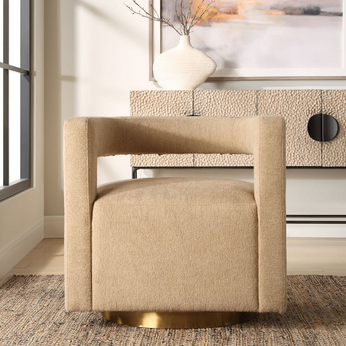   Modern European furniture - Beige Boucle Modern Swivel Chair - www.oroa.com | Oroa.com