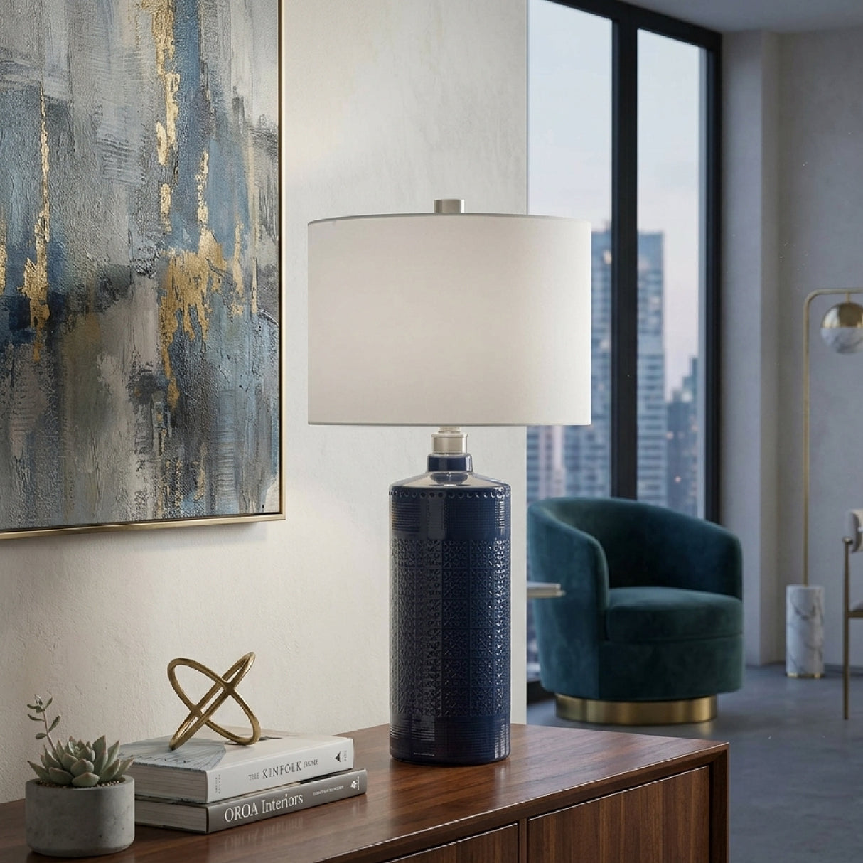   Blue Embossed Ceramic Table Lamp | Oroa.com