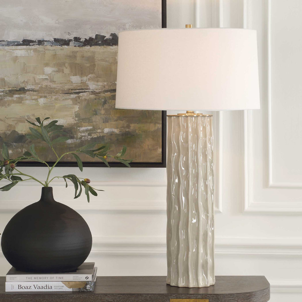  Taupe Ceramic Ridged Table Lamp | Oroa.com