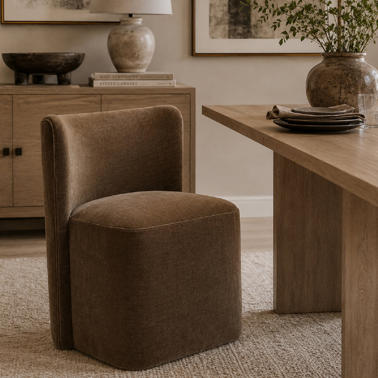   Brown Velvet Caster Dining Chair | Oroa.com
