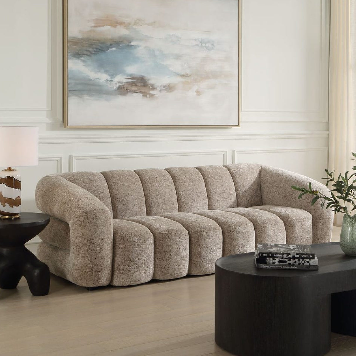   Modern European furniture - Beige Chenille Channeled Sofa - www.oroa.com | Oroa.com