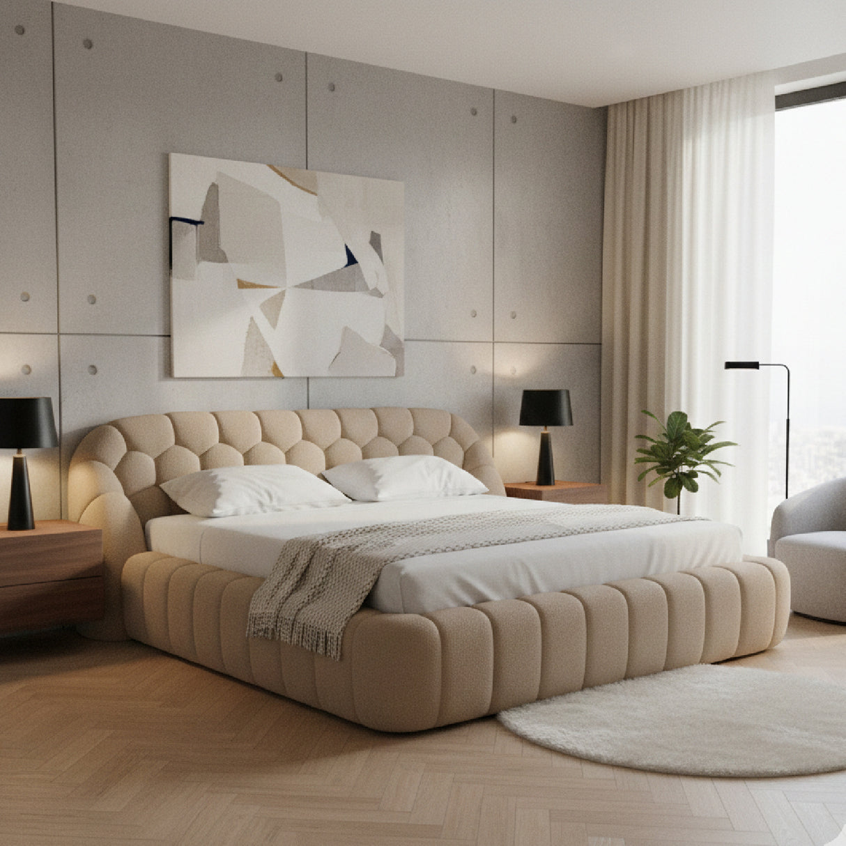   Beige Hexagonal Tufted Bed | Oroa.com