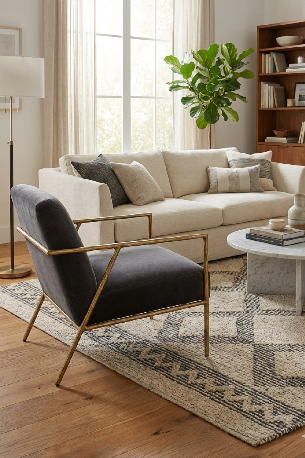   Gold-Framed Gray Velvet Accent Chair | Oroa.com
