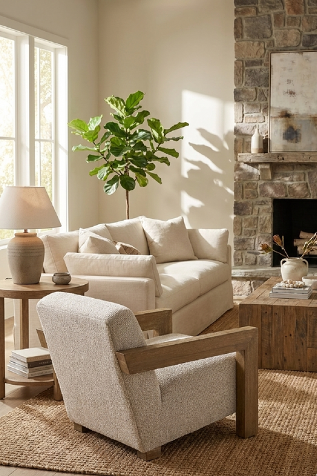   Wood-Framed Beige Accent Chair | Oroa.com