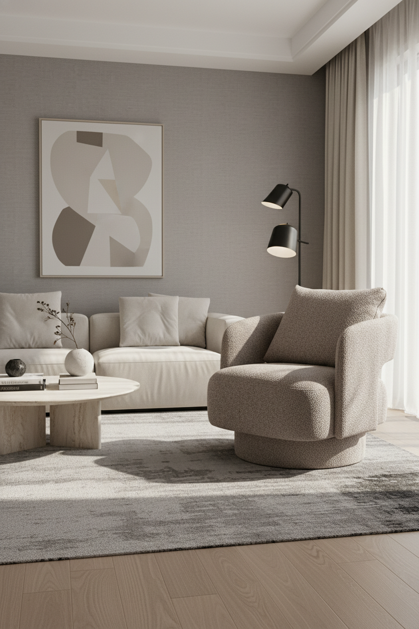   Modern living room with a beige sofa, armchair, and abstract art on the wall. | Oroa.com