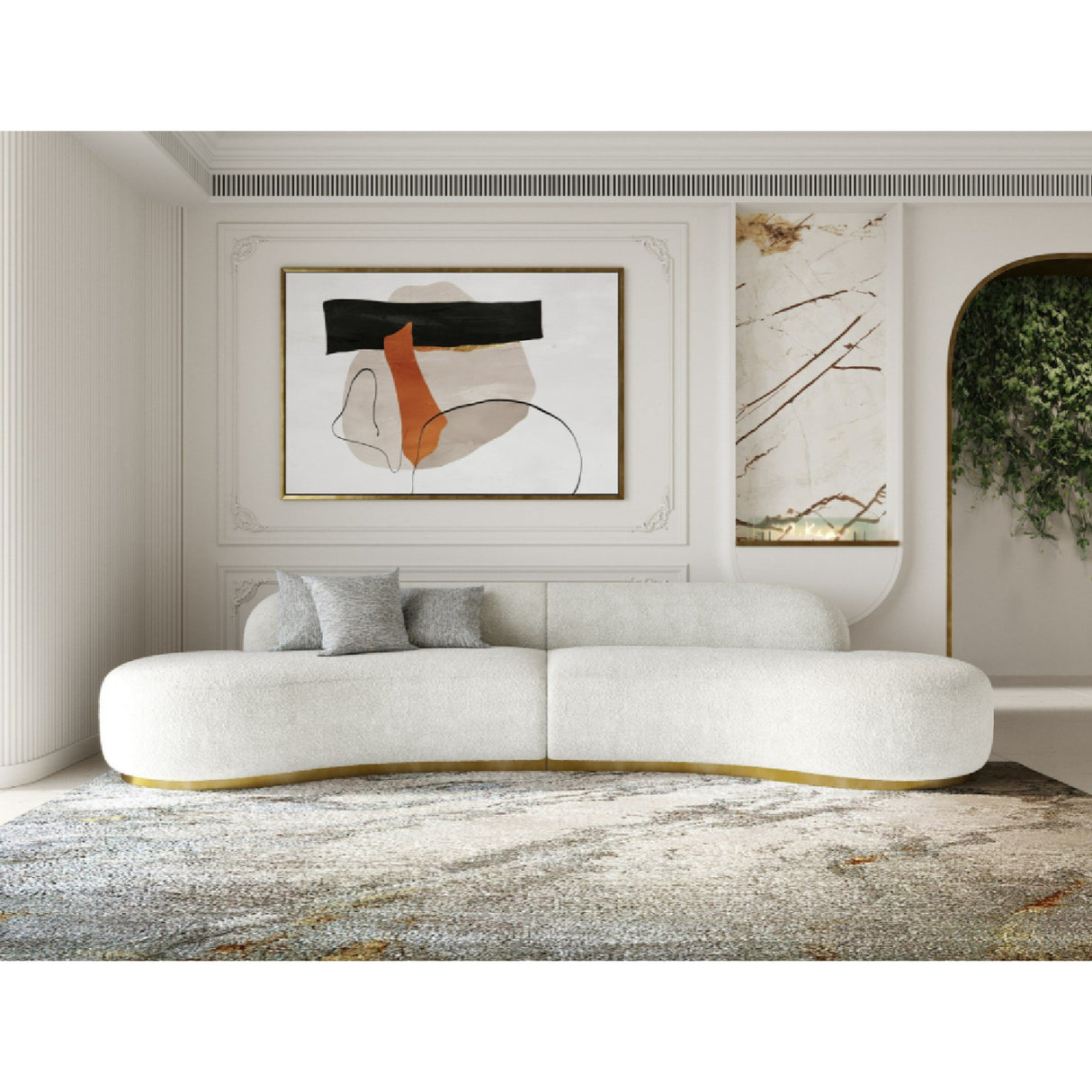   White Curved Sofa with Beige Pillows | Oroa.com