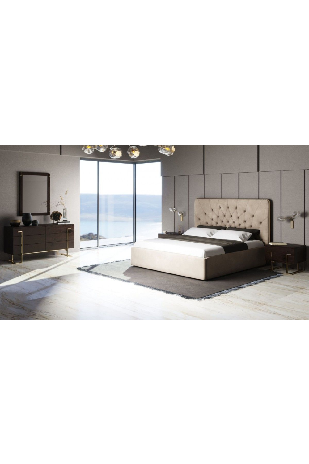  Tufted Beige Velvet Queen Bed | Oroa.com