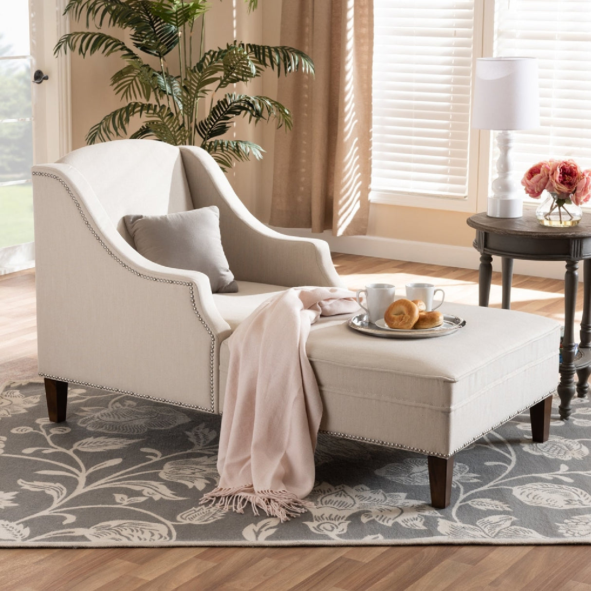   Modern European furniture - Beige Nailhead Trimmed Chaise Lounge - www.oroa.com | Oroa.com