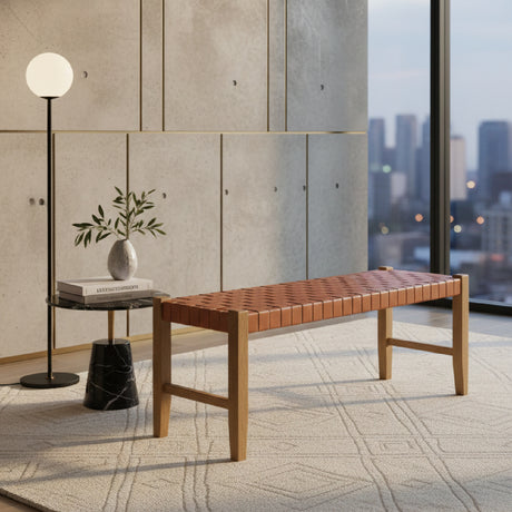   Tan Woven Leather Bench | Oroa.com