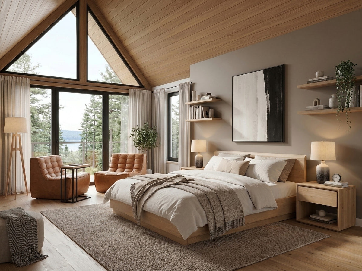 Scandinavian modern bedroom with expansive windows, wood furnishings, layered neutral tones, and a minimalist layout that creates an airy retreat.